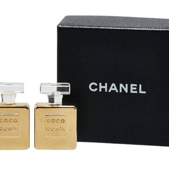 CHANEL CC Bottle perfume Clip-On Earrings Gold Tone Auth w/Box #71920 - Picture 6 of 6